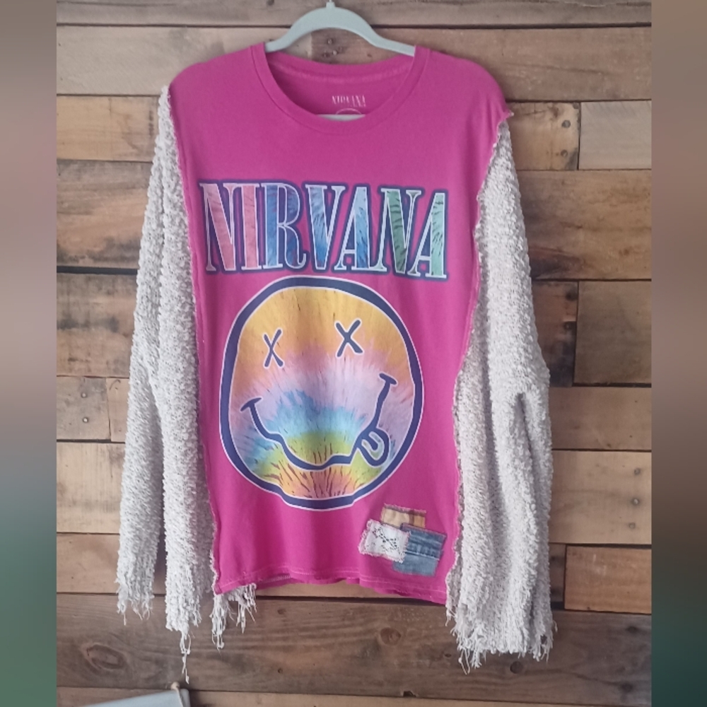 Upcycled Nirvana Pink and Cream Long Sleeve Shirt
